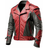 Men's Red and  Charcoal  Distressed with Asymmetrical Zipper and Belt Leather Jacket